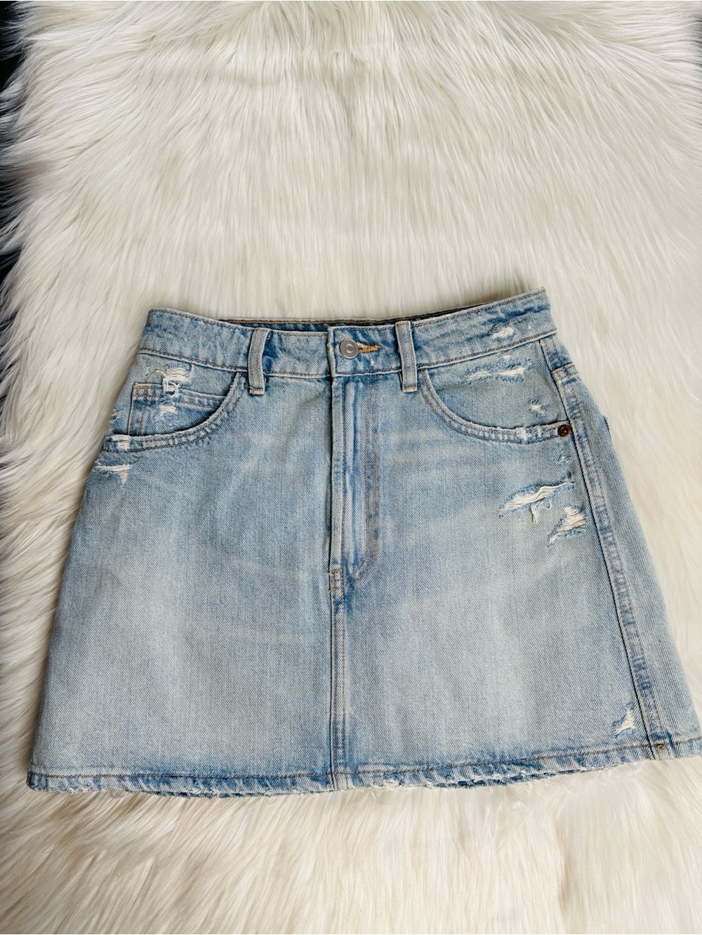 Zara Light Wash Distressed Denim Mini Skirt